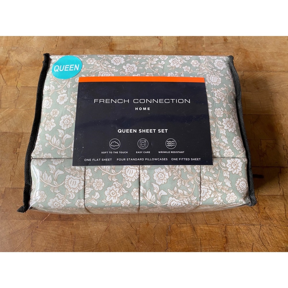 Brand New French Connection Home Queen Sheet Set Floral Sage‎ Green 6 Piece